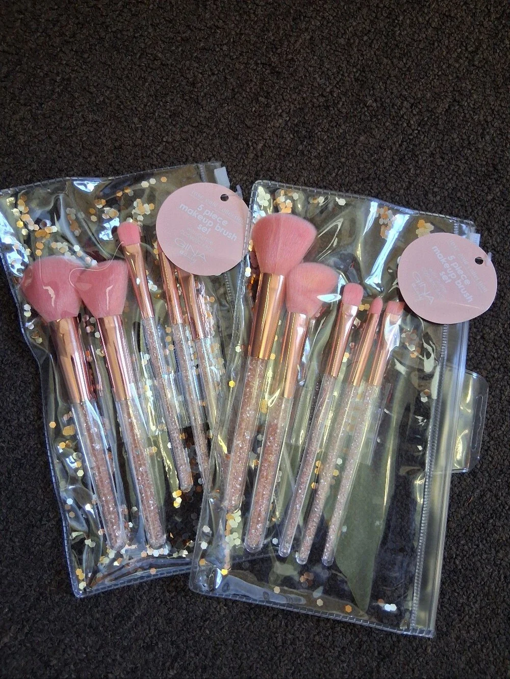 Pink Glitter Makeup Brush Set with Rose Gold Handles 2 SETS
